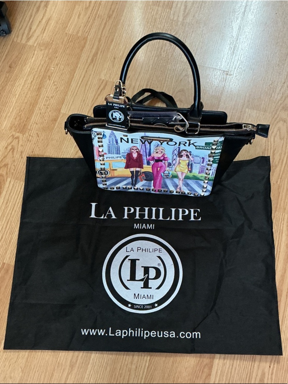 La Philipe Black Satchel with Colorful New York Illustration